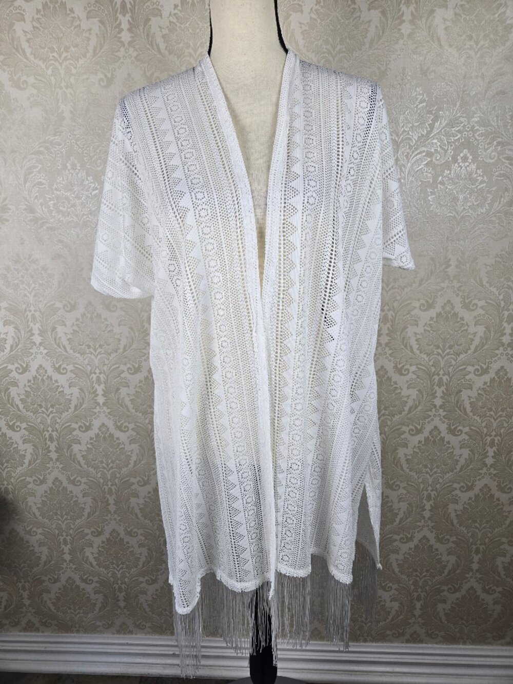 Kendall & James One Size Sheer Kimono Light Cream Open Weave Fringed Hemline